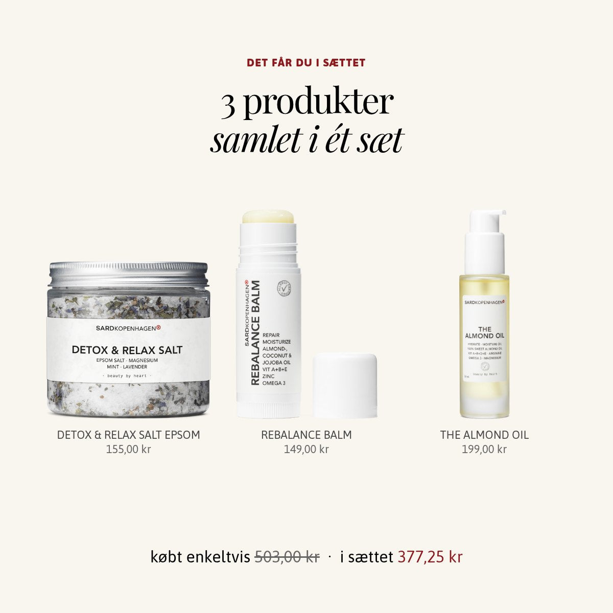 Det får du i sættet MamiMe 3 TRIMESTER: DETOX & RELAX SALT EPSOM, REBALANCE BALM, THE ALMOND OIL – SARDKOPENHAGEN